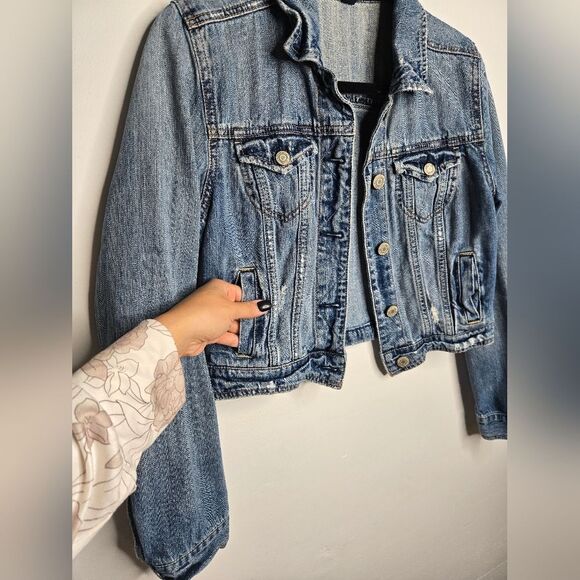 American Eagle Outfitters Cropped Denim Jean Jacket Casual Timeless Y2K Size M - Picture 4 of 11